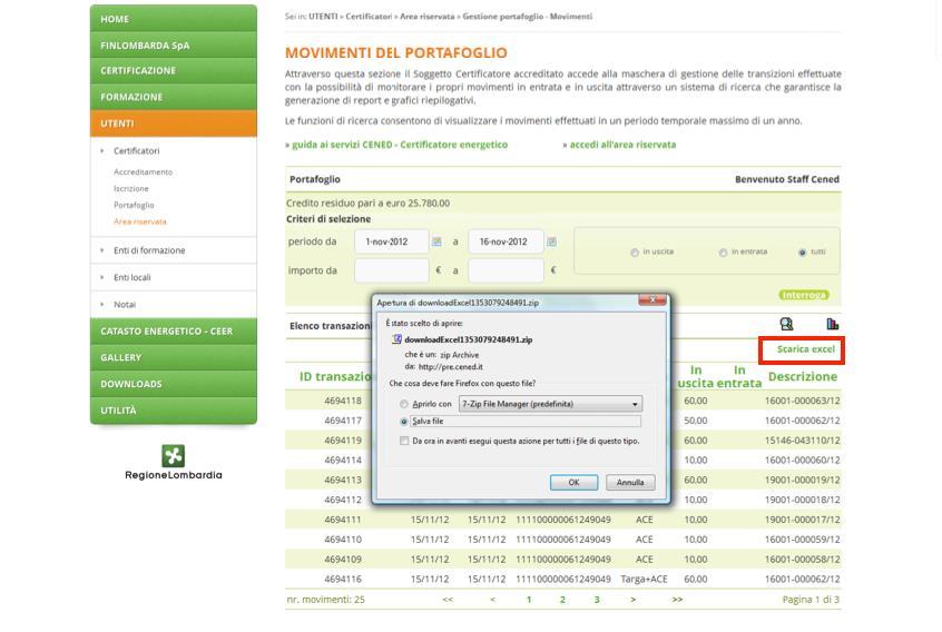 Una volta avviata la ricerca, tramite il tasto Scarica excel è possibile esportare i movimenti