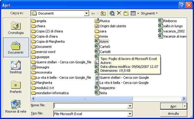 Aprire un foglio elettronico Clic sulla