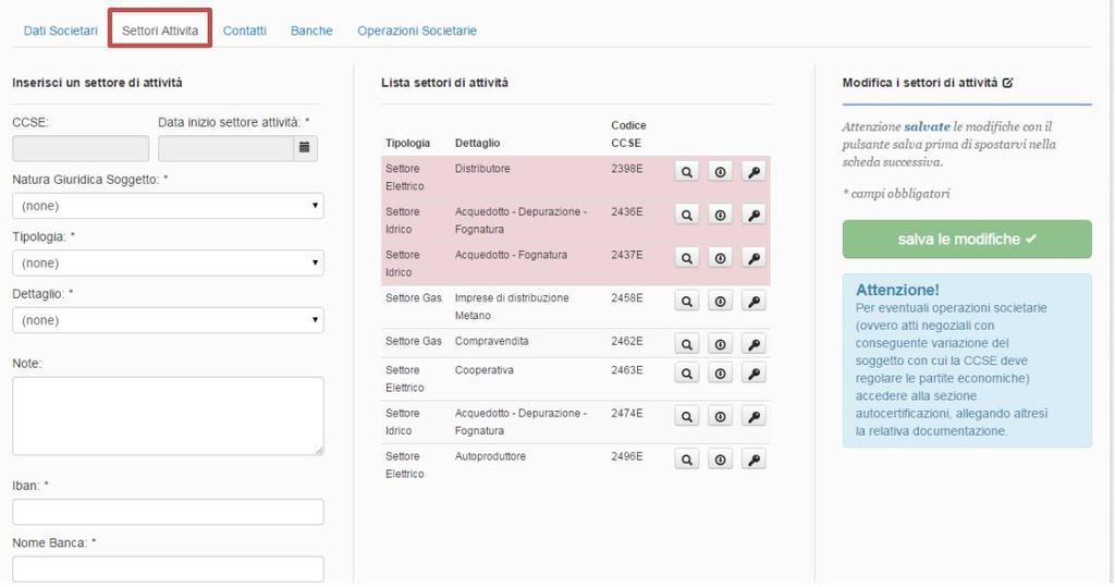 5. Inserimento Settori Attività A seguito della conferma da parte di un operatore della CSEA della validazione dei dati societari, l utente, collegandosi al link della Homepage ed effettuando il