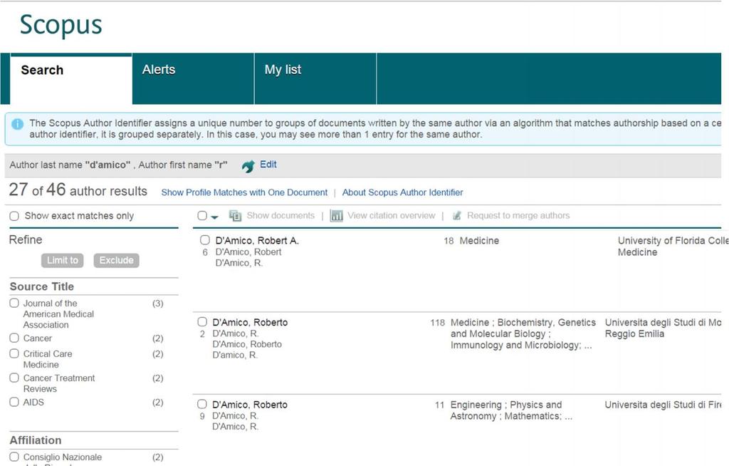 controlliamo anche su Scopus se tutte le pubblicazioni di D'Amico sono correttamente