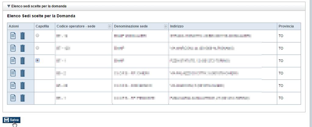 Elenco sedi trovate Il sistema visualizza nel riquadro Elenco sedi trovate l elenco delle sedi registrate per l Operatore Presentatore nell Anagrafe Regionale nel