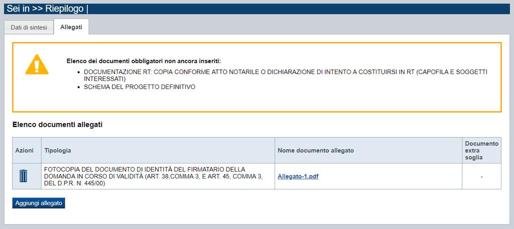 Dati di sintesi La pagina Dati di sintesi riporta l informazione relativa al numero di sedi indicate nella domanda. 5.2.