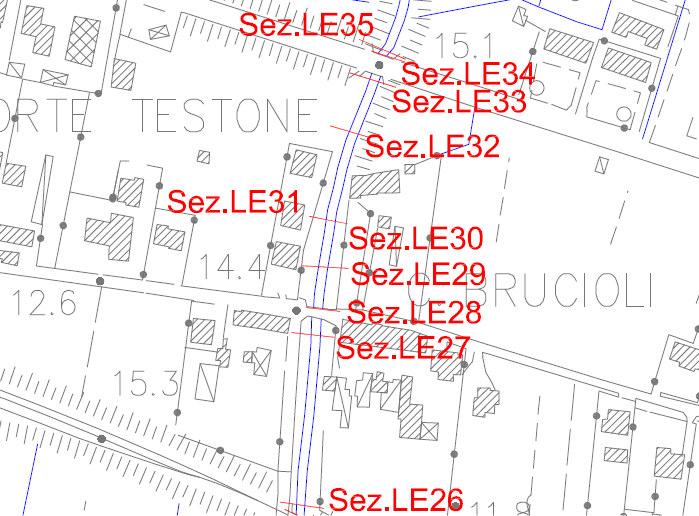 Figura 1 Planimetri delle sezioni estratto da Studio idrologico-idraulico a supporto della Variante al Regolamento Urbanistico Comune di Porcari Aggiornamento marzo 2006 Figura 2 Tabella delle