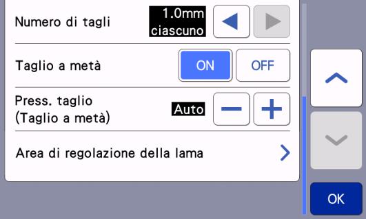 e Toccare nella schermata di modifica disegno e impostare Taglio a metà su ON. La funzione Taglio a metà è disponibile solo se è installato il supporto taglierina a regolazione automatica.