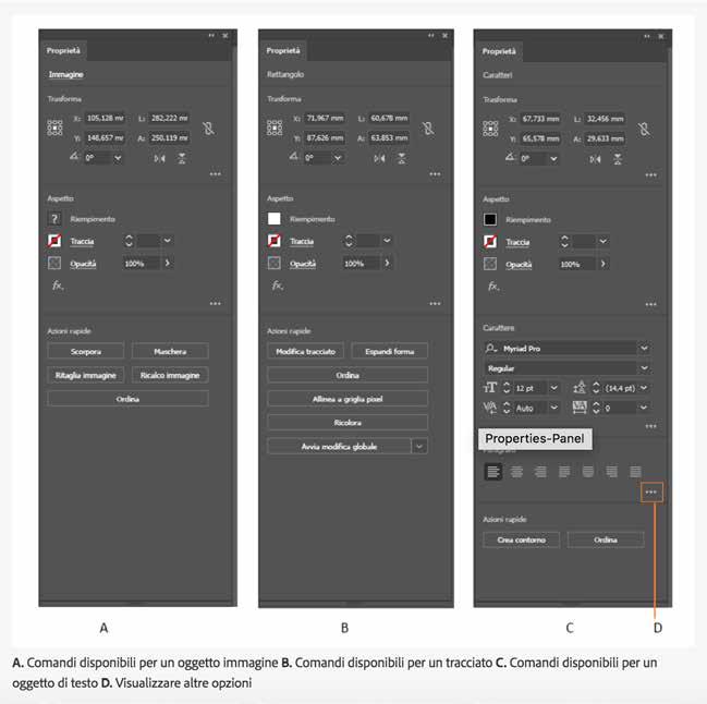 ILLUSTRATOR CC 2019 PANNELLO PROPRIETÀ MIGLIORATO Nuovi controlli Il pannello Proprietà ora include i seguenti nuovi controlli: Opzioni per font variabili Icona Cancella per singoli effetti Opzione