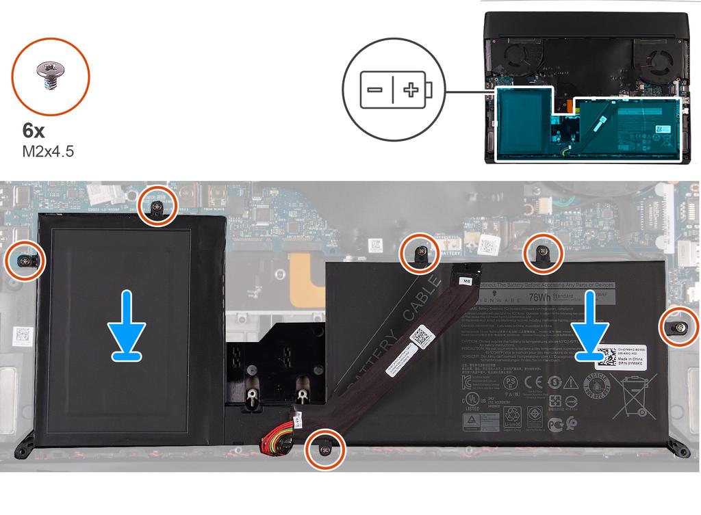 1 Posizionare la batteria sul gruppo del supporto per i polsi. 2 Ricollocare le sei viti (M2x4.5) che fissano la batteria al gruppo del supporto per i polsi.