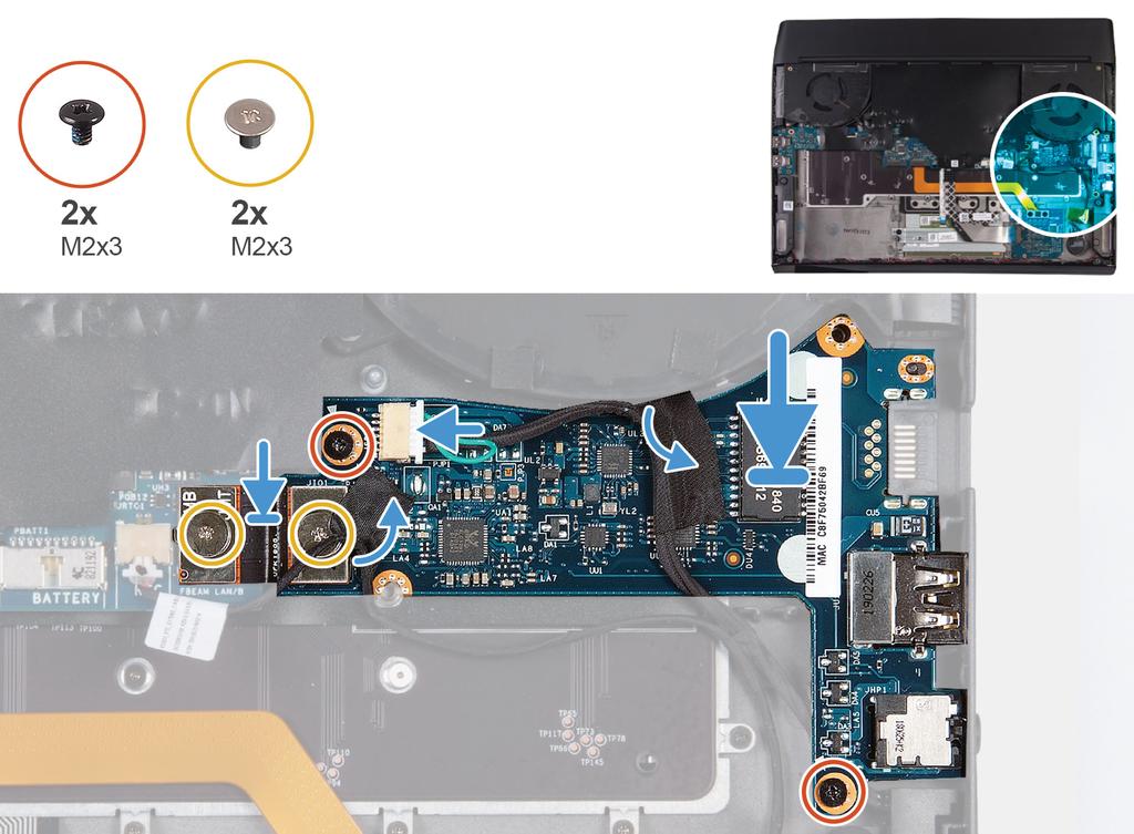 1 Servendosi dei piedini di allineamento, collocare la scheda di I/O destra sul gruppo del supporto per i polsi.