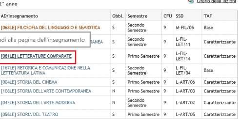 4. Consultazione degli orari per insegnamento In alternativa alla tabella completa dell orario, è anche possibile selezionare il singolo insegnamento: Verrete così indirizzati alla pagina del singolo