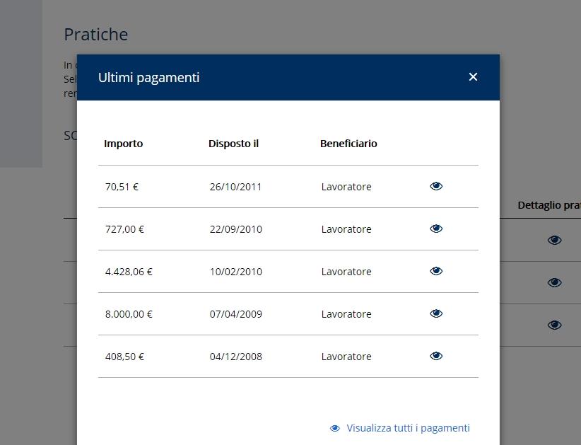 Per visualizzare tutti i pagamenti ricevuti, si seleziona il link "Visualizza tutti i pagamenti ricevuti" posto in basso a destra e che porta alla pagina "Dettaglio pratica".