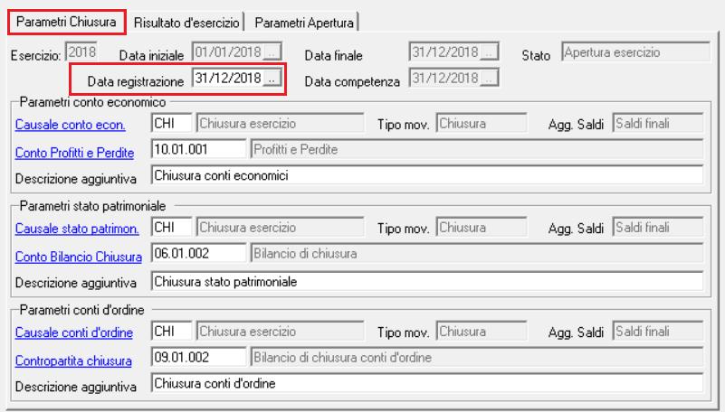 Prima Nota). Sezione Parametri Chiusura - Data registrazione: inserire la data di registrazione che verrà assegnata alle registrazioni di prima nota relative alle operazioni di chiusura.