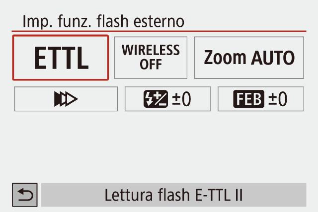 [Controllo flash] [Imp. funz. flash esterno] e premere il pulsante. Viene visualizzata la schermata sulla sinistra.