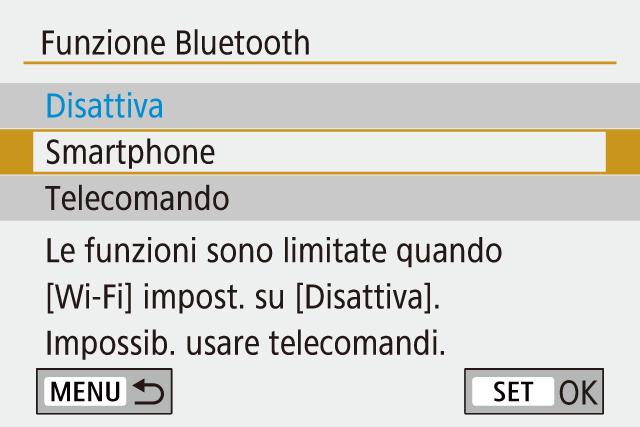 Wi-Fi: premere il pulsante e scegliere [ ] [ 1] [Impostaz. comunicaz. wireless] [ Wi-Fi] [Wi Fi] [Disattiva]. Bluetooth: premere il pulsante e scegliere [ ] [ 1] [Impostaz. comunicaz. wireless] [Funzione Bluetooth] [Funzione Bluetooth] [Disattiva].