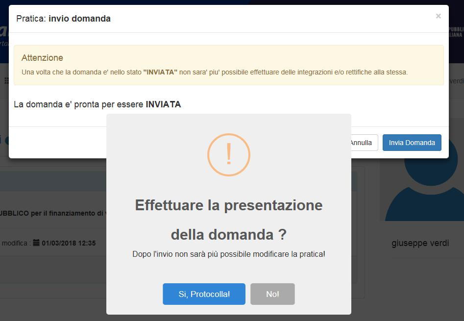 Step 2 - Protocollazione della domanda Al termine dell invio della domanda, per completare l operazione di trasmissione verso la Regione Calabria, l utente dovrà esplicitamente richiedere la