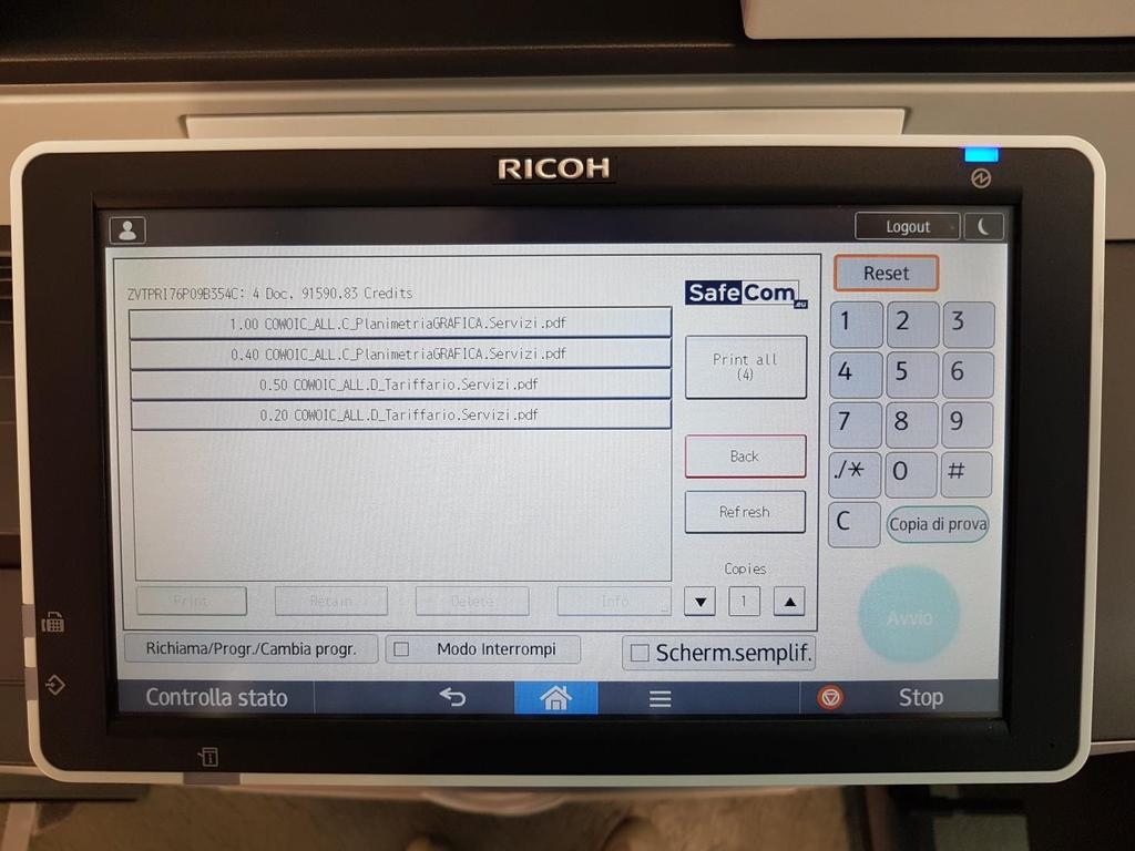 Funzione stampante Per gestire (vedere, confermare e/o cancellare) le stampe, l utente prosegue premendo l icona Pull Print presente sulla schermata del display.