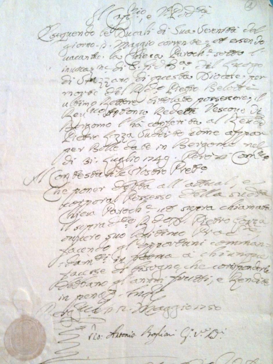 14) Decreto del Capitano e Podestà di Bergamo di consegna del Beneficio Parrocchiale di Stezzano