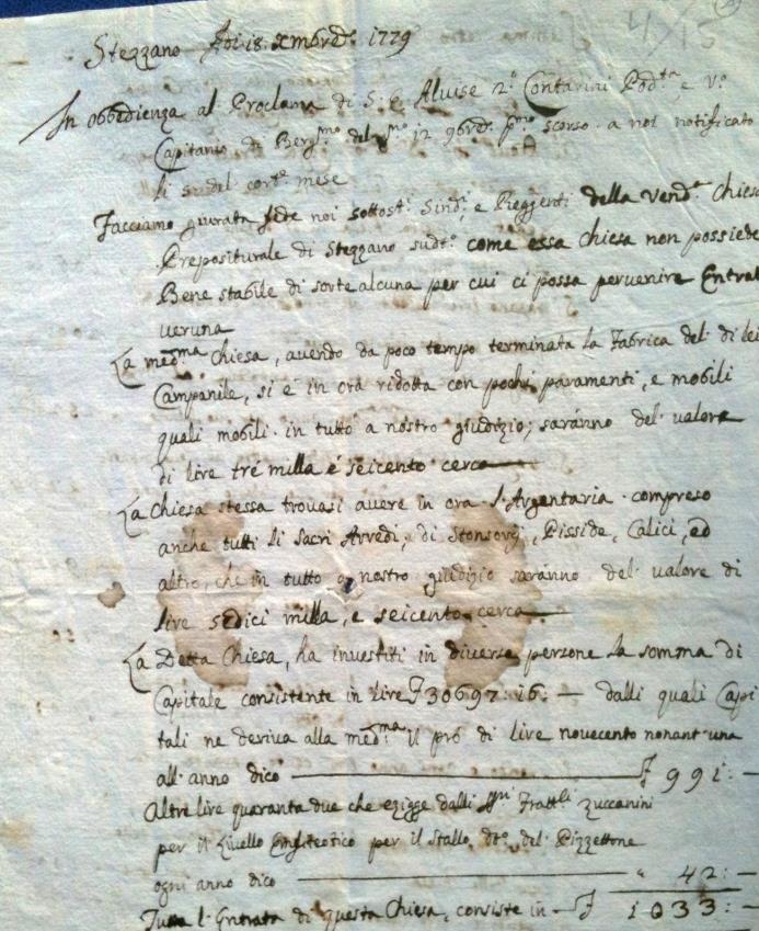 16) Dichiarazione giurata dei Sindaci della Chiesa Parrocchiale di Stezzano (amministratori laici), inviata al Podestà di Bergamo