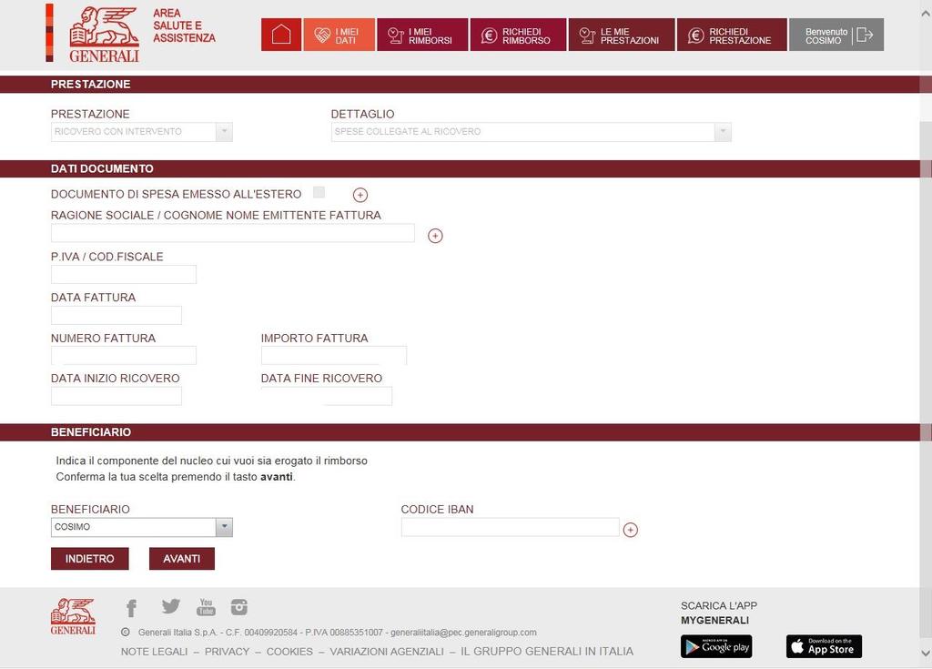 Cliccato su avanti si passa alla sezione Beneficiario nella quale è possibile selezionare, qualora la copertura sia estesa al nucleo dell assicurato, il componente del nucleo al quale si vuol sia