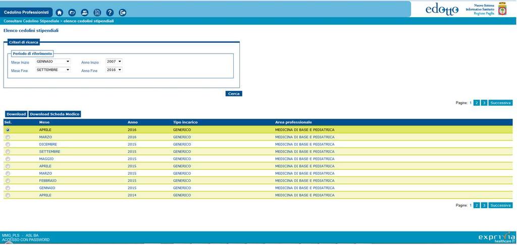 Selezionare la mensilità desiderata e premere il tasto Download Scheda Medico ; la prima mensilità disponibile è
