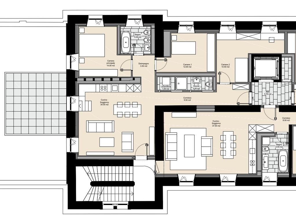 Appartamento A - Ovest 4 ½ locali con ampia terrazza Cucina Soggiorno - 34.5m 2 Accesso Corridoio - 9.5 m 2 Camera principale - 14.