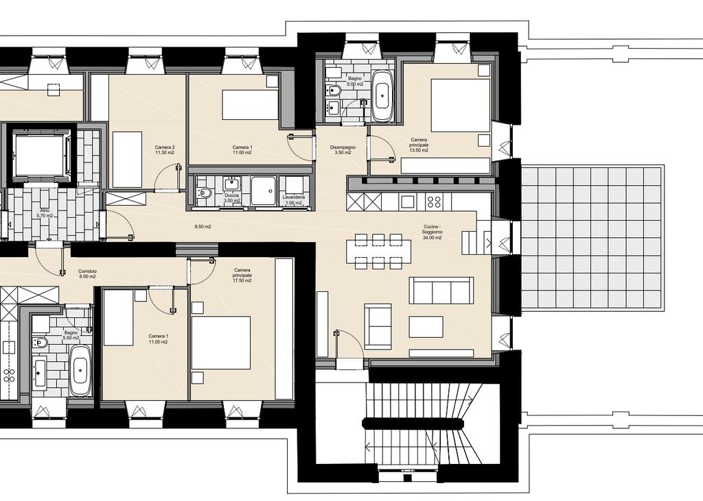 Appartamento C Est di 4 ½ locali con ampia terrazza Cucina Soggiorno - 34.0m 2 Accesso Corridoio - 9.5 m 2 Camera principale - 13.