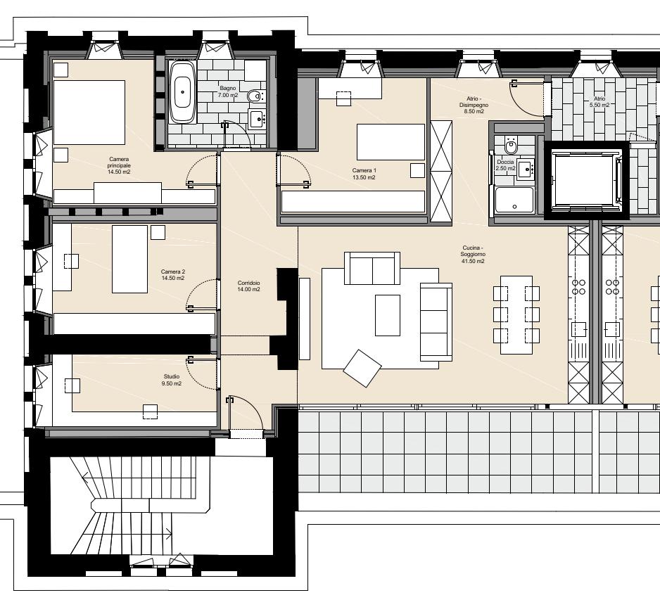 Appartamento D - 5 ½ locali con terrazza vista lago Cucina Soggiorno 41.5 m 2 Accesso Corridoio - 8.5 m 2 Camera principale - 14.