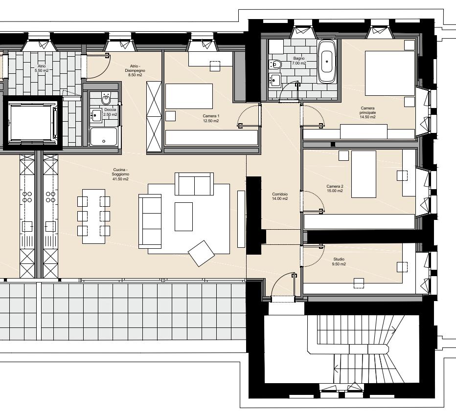 Appartamento E - 5 ½ locali con terrazza vista lago Cucina Soggiorno 41.5 m 2 Accesso Corridoio - 8.5 m 2 Camera principale - 14.