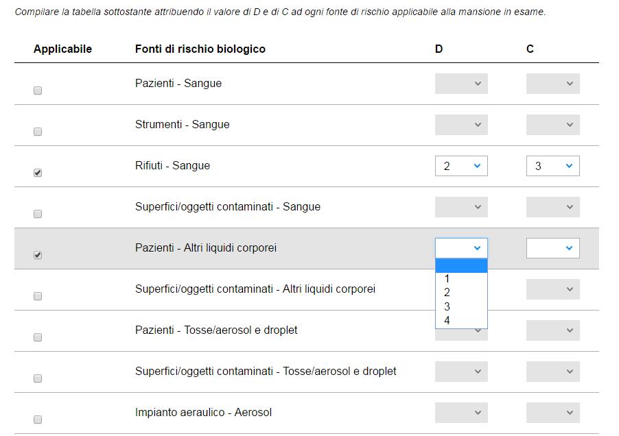 2.2 Selezione fattori di rischio L utente seleziona i fattori di rischio applicabili alla mansione in esame e indica i valori di C