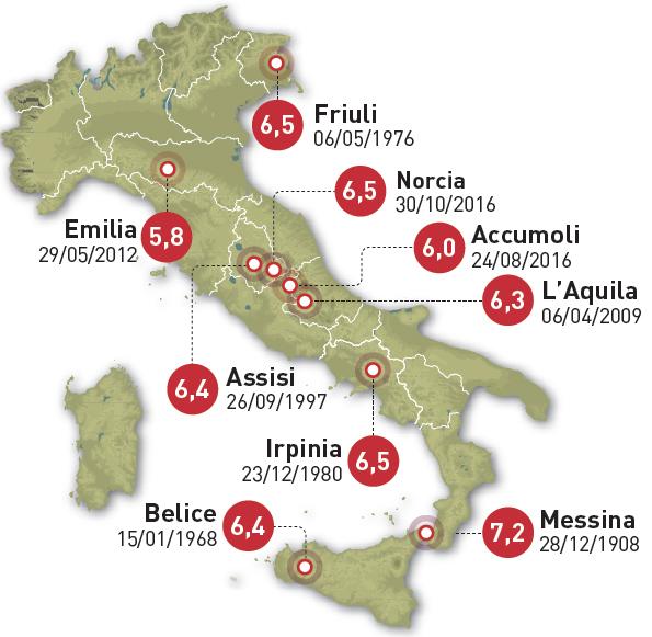 5. Il rischio sismico in Italia La penisola italiana è interessata da un intensa attività sismica concentrata lungo la catena alpina, la catena appenninica e l arco calabro, in corrispondenza della