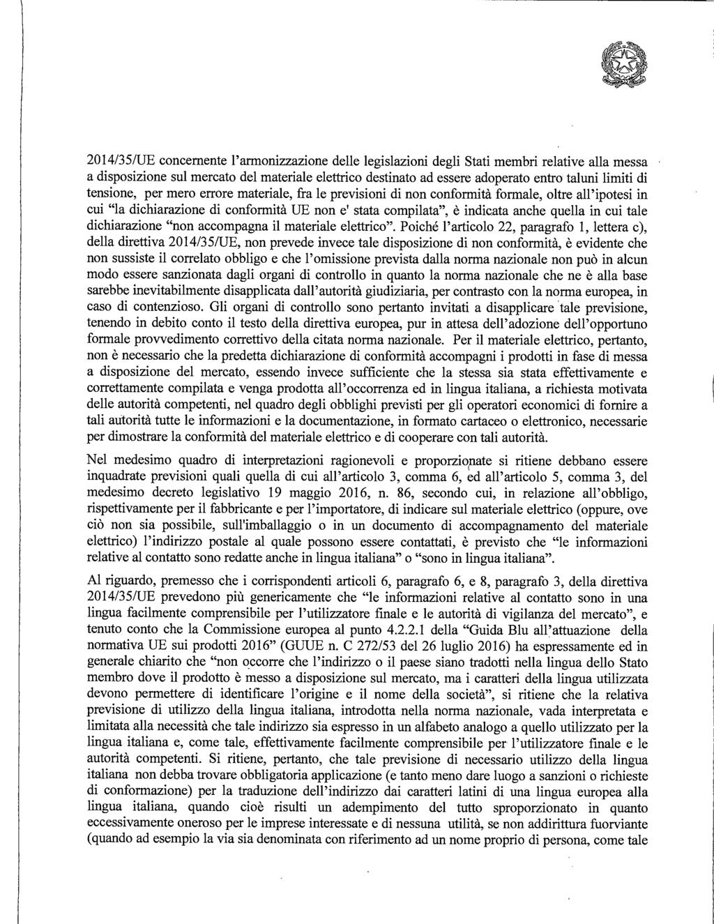 2014/35/UE concernente l'armonizzazione delle legislazioni degli Stati membri relative alla messa a disposizione sul mercato del materiale elettrico destinato ad essere adoperato entro taluni limiti