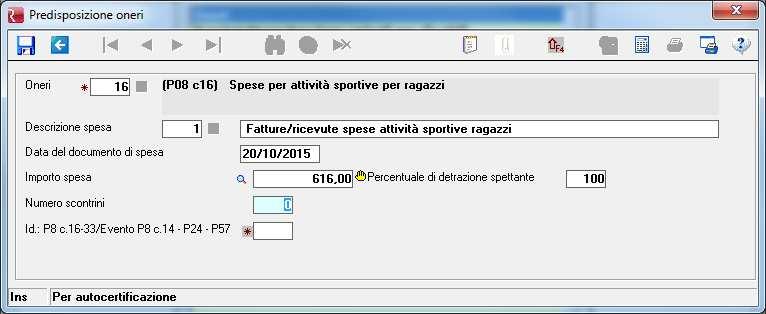 Oltre a selezionare il tipo di onere (con l evidenziazione del rigo di riferimento del quadro RP) è possibile selezionare o personalizzare la descrizione della spesa sostenuta, la data del documento