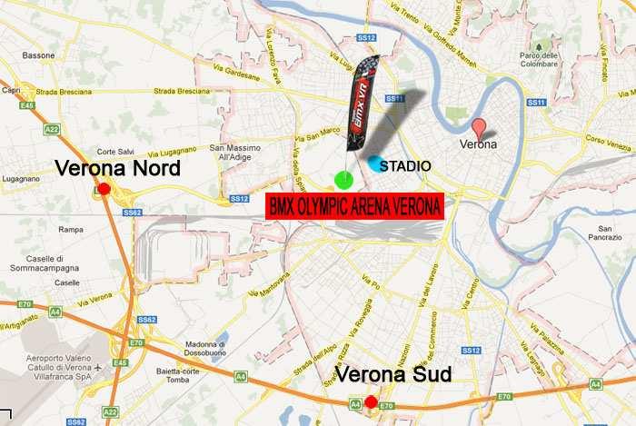 Come arrivare al BMX Olympic Arena Verona Percorrendo l autostrada A22 uscire a Verona Nord, imboccare la SS12 in direzione Verona e uscire all uscita Stadio.