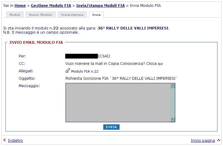 Selezionando l operazione INVIA, verrà visualizzata la seguente finestra : Da tale finestra è possibile inviarsi la comunicazione in copia in modo tale da tenerne traccia anche nella propria casella