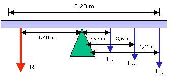 il fulcro nel punto medio. Da una stessa parte rispetto ad esso sono applicate le forze di 20 N, 70 N, 100 N, a distanza, rispettivamente, di 30 cm, 60 cm, 120 cm dal fulcro.