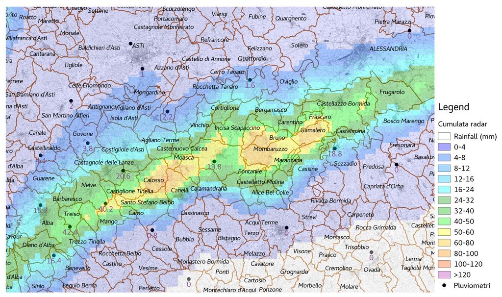 Infine, si riporta la mappa di precipitazione cumulata oraria tra le ore 15:50 e le 16:50 UTC nei pressi di Alba (figura 6). Figura 6.