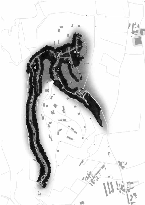 MONS MAIOR 379 Fig. 3 - Masterplan del Monte Mamaor con l individuazione dei percorsi e delle case matte riutilizzate: 1. Ingresso (da Loc.