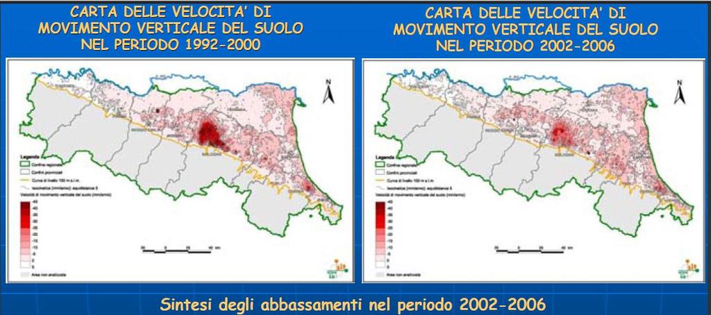 La provincia di Ferrara presenta abbassamenti generalmente inferiori a 5 mm/anno, con leggero incremento nella zona deltizia