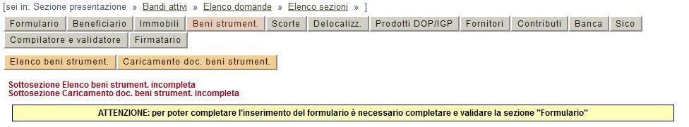 A fianco del titolo di ogni sezione, al fine di evidenziarne lo stato di avanzamento, si visualizza tra parentesi il suo stato: incompleto: dati mancanti, errati o in eccesso (colore rosso);