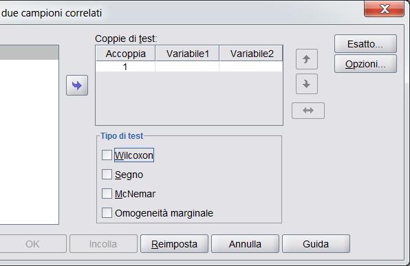 2 campioni dipendenti/appaiati Analizza Test non parametrici Finestre legacy 2 campioni correlati Condizione Gruppo 1 2 Caso A X A1 X A2 B X B1 X B2