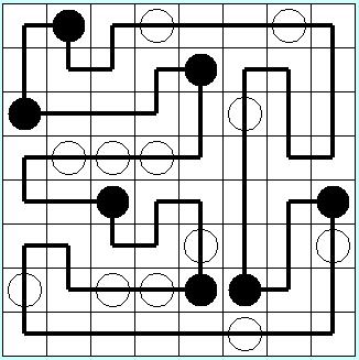 PERCORSO A POIS (5 punti): Disegnate un percorso chiuso che passi per tutte le caselle dello schema, orizzontalmente e verticalmente, e che non si tocchi né si incroci.