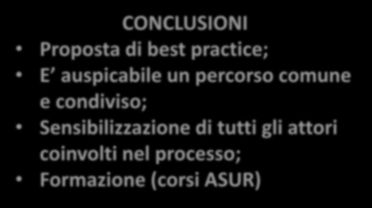 CONCLUSIONI Proposta di best practice; E auspicabile un percorso comune e condiviso; Sensibilizzazione di tutti gli attori coinvolti nel processo; Formazione (corsi ASUR) La distribuzione diretta dei