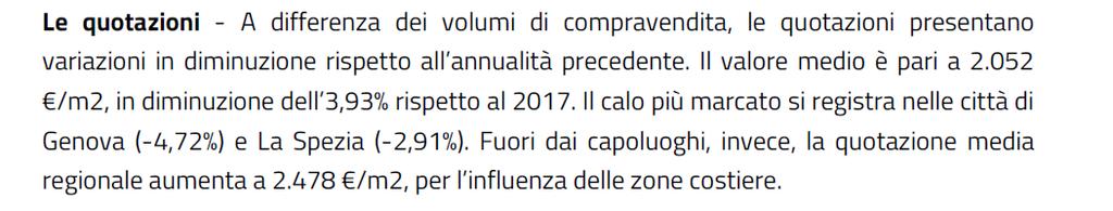 La statistica regionale della Liguria GEOPOI Capoluogo Resto provincia Quotazione media /m 2 2018 Quotazione media Variazione % 2017/18 Quotazione media /m 2 2018 Quotazione media