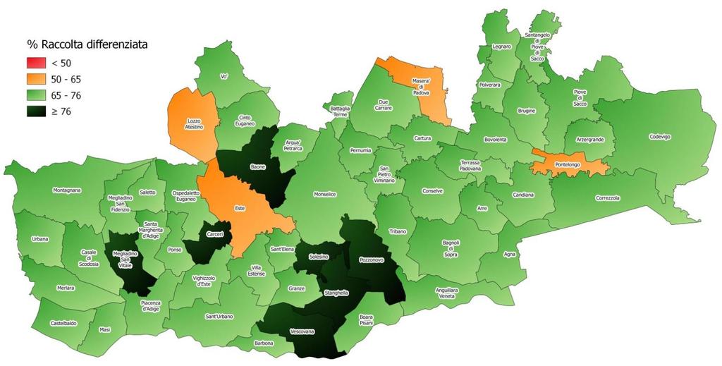 Distribuzione dei comuni in base agli obiettivi di raccolta