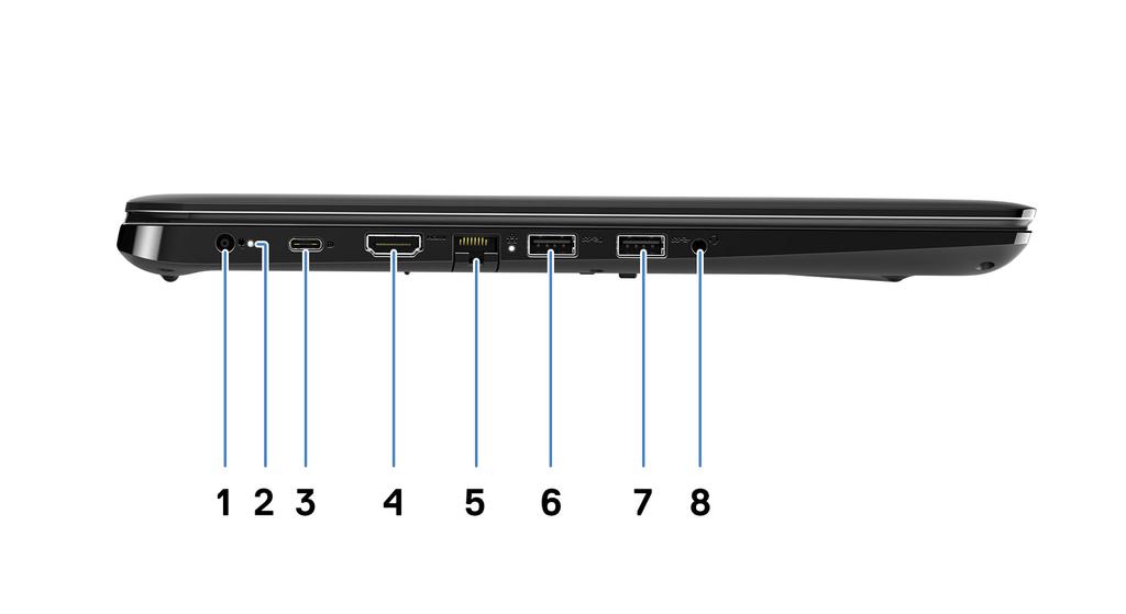 Vista lato sinistro 1 Alimentazione (adattatore 4,5 mm) 2 Indicatore di stato della batteria 3 Porta USB tipo C 3,1 Gen 1 con Power Delivery e DisplayPort 4 Porta HDMI 2.0a 5 Porta RJ45 6 Porta USB 3.