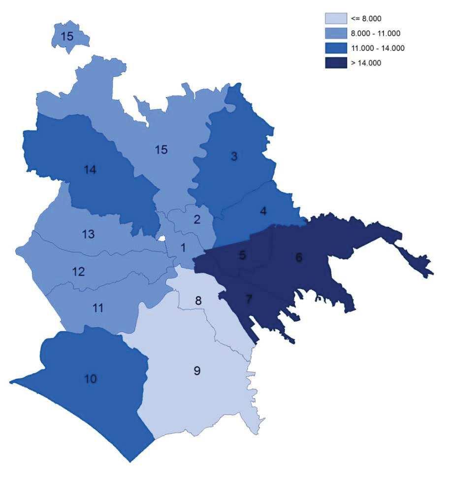 Anziani Per poter individuare i fabbisogni assistenziali degli anziani nelle diverse aree della città si è focalizzata l attenzione sul numero di residenti ultra sessantacinquenni al di sotto della