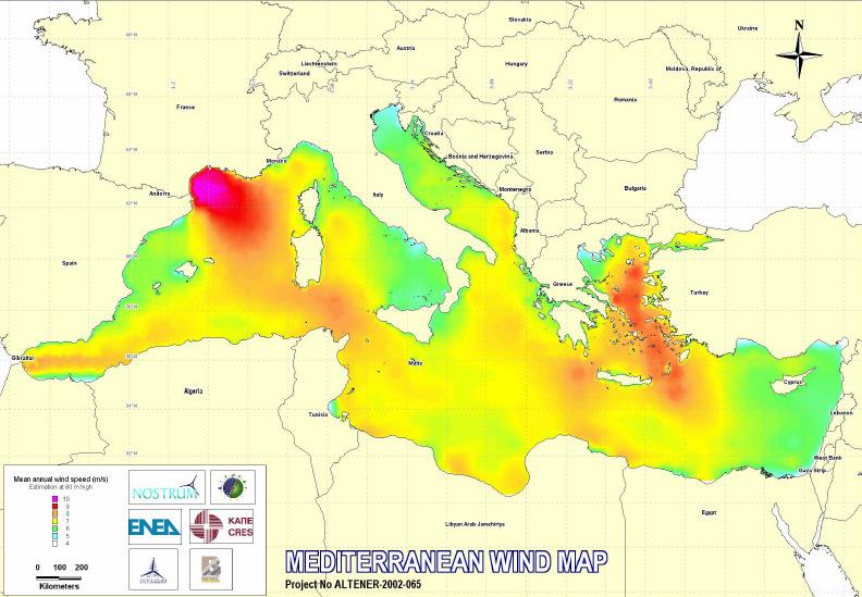 Fig. 3.5 Rappresentazione della distribuzione della velocità del vento media annua nel Mar Mediterraneo.