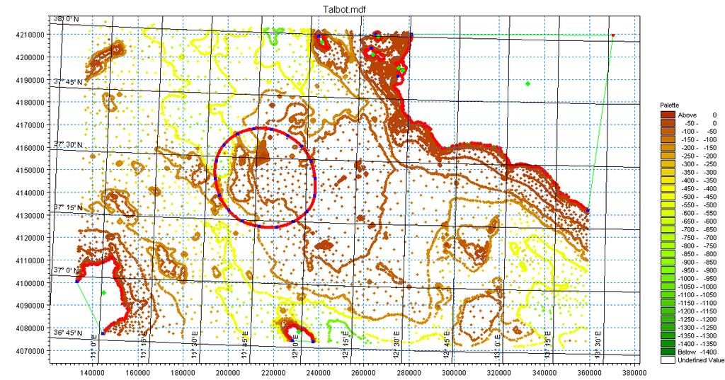 Fig. 3.23 Rappresentazione dei punti quotati provenienti dalle carte nautiche digitalizzate e dei punti provenienti dal rilievo di dettaglio in corrispondenza del Banco.