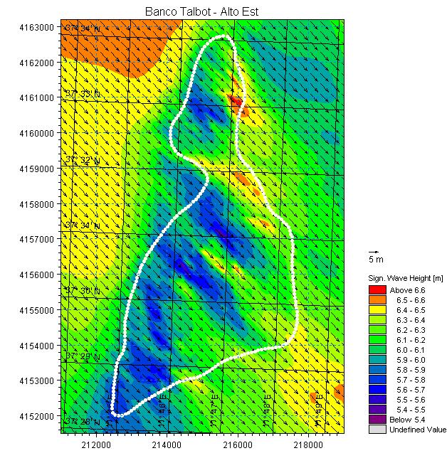 Fig. 3.38 Distribuzione dell altezza d onda per il Banco Talbot Alto Est onda proveniente dal IV quadrante (valori di Hs al largo compresi tra 6.5 e 6.6m). Fig. 3.39 Distribuzione dell altezza d onda per il Banco Talbot Alto Ovest onda proveniente dal IV quadrante (valori di Hs al largo compresi tra 6.