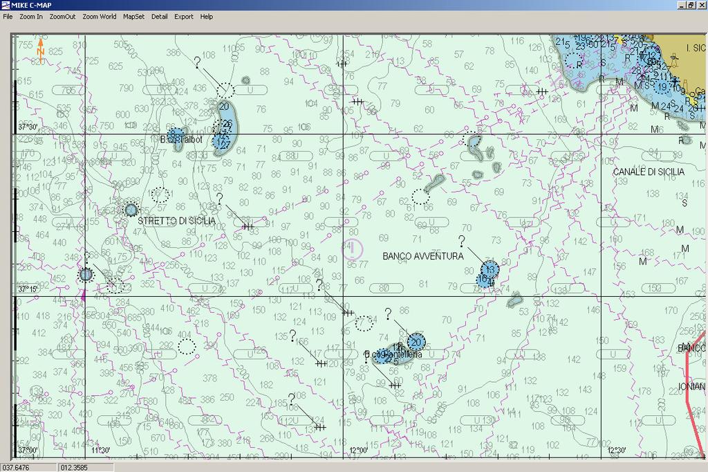 Fig. 2.2 Esempio di visualizzazione dei dati batimetrici del Canale di Sicilia attraverso il tool MIKE C-MAP. Dettaglio del tratto di mare interessato dalla presenza del Banco Talbot.