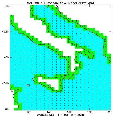 Fig. 3.1 Dettaglio della griglia utilizzata dal modello d onda globale Met-Office con evidenziata la cella più prossima al Banco Talbot.