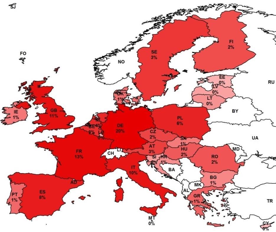 CONFRONTO EUROPEO Distribuzione nazionale dei consumi energetici complessivi e da FER nel 2017 Nelle mappe seguenti sono illustrati i pesi percentuali dei singoli Paesi europei (EU28) sui consumi
